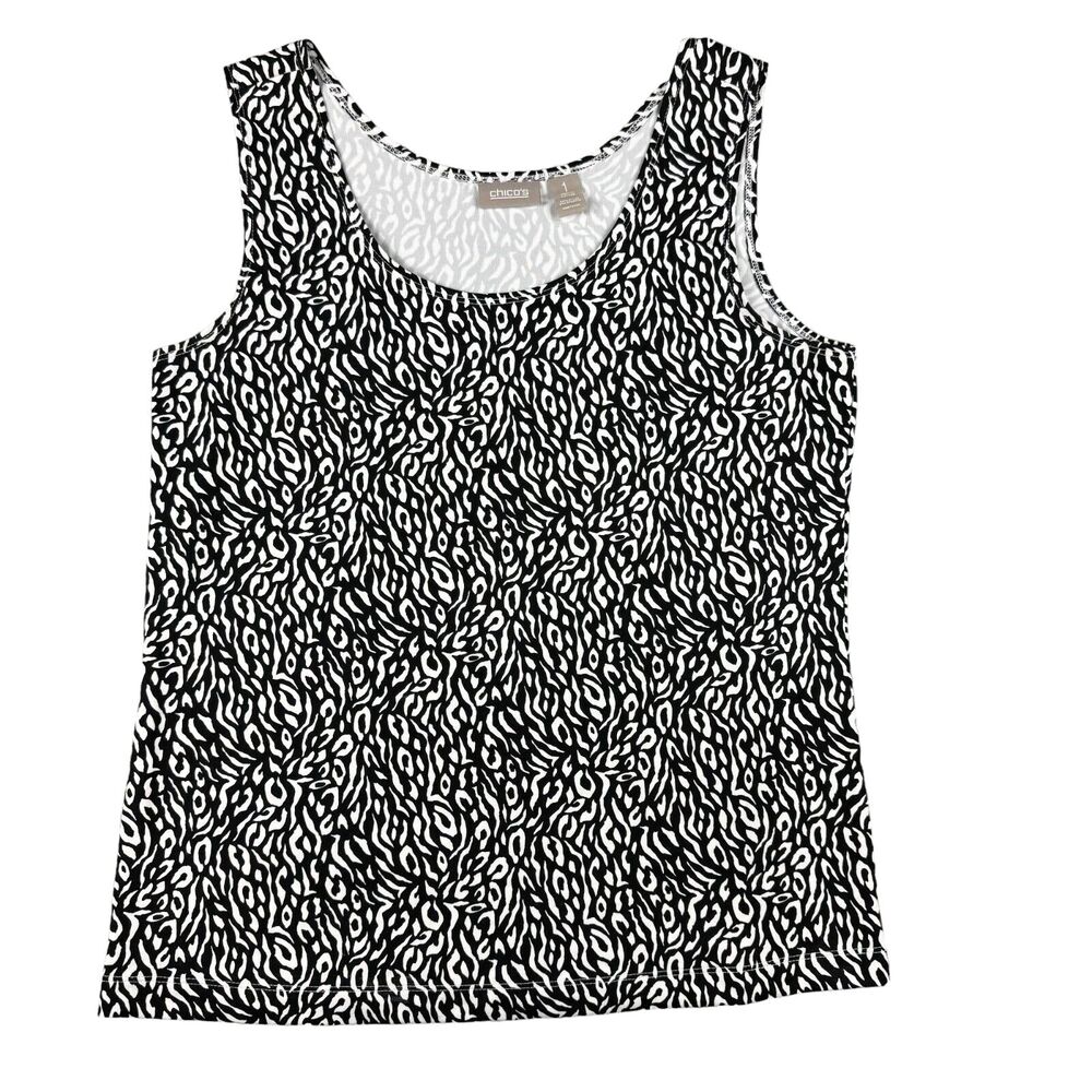 Chicos Tank Top Womens 1 Small Black White Sleeveless Stretch Nylon Spandex Cute